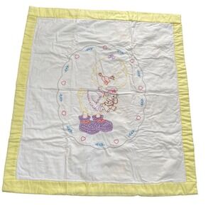Vintage Baby Blanket Embroidered Chick Yellow 36x32”